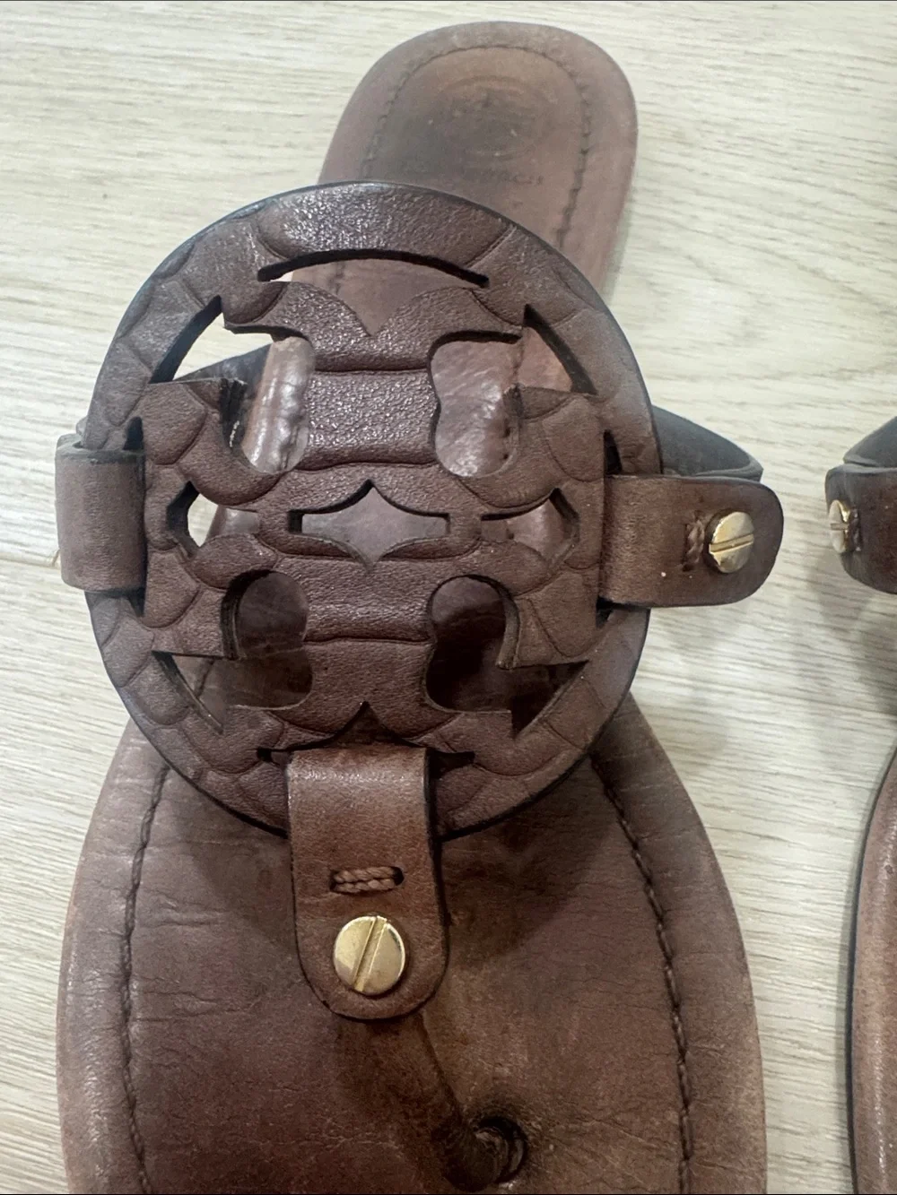 Tory Burch Brown Leather Logo Thong Sandals